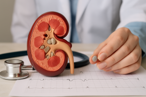 Close-up of kidney model with stones and stethoscope for Kidney Stone Treatment in Palakkad
